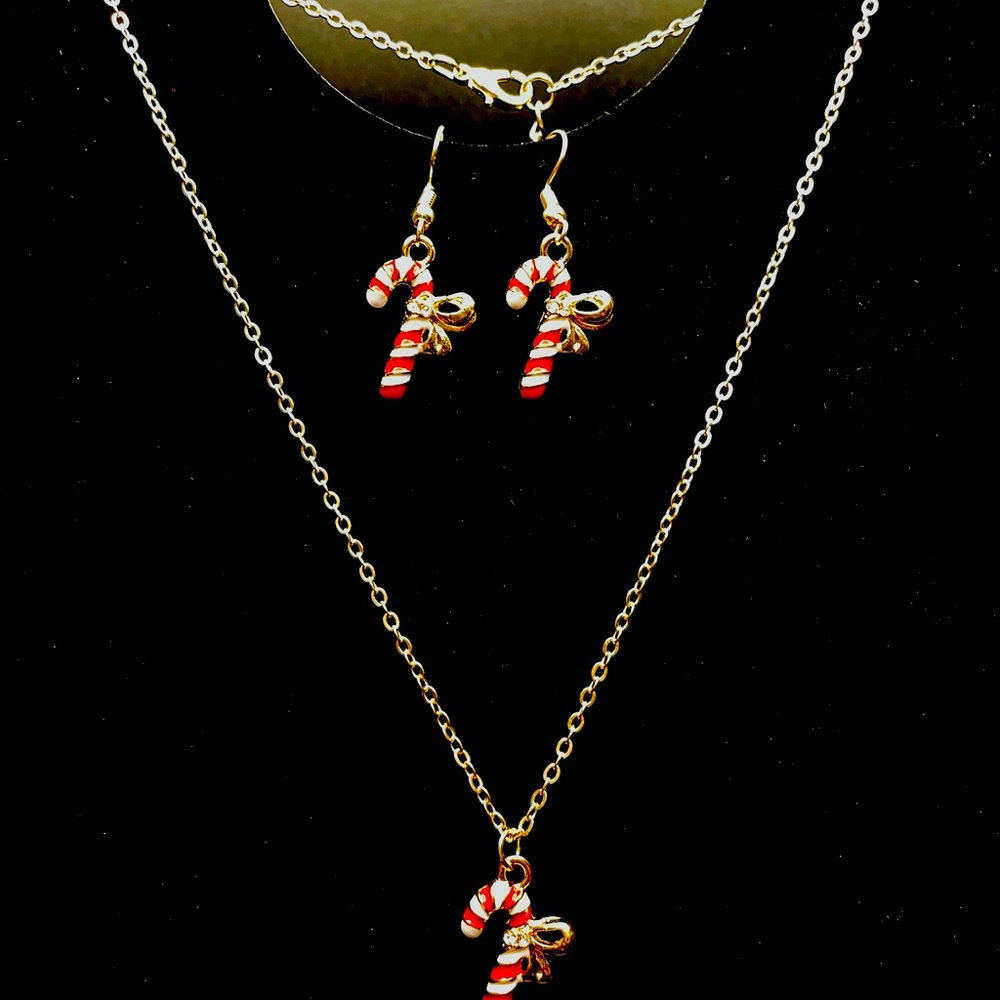 Christmas Candy Cane Necklace & Earrings Set